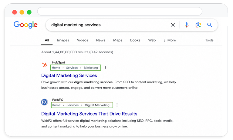 Display clear navigation paths in search results
